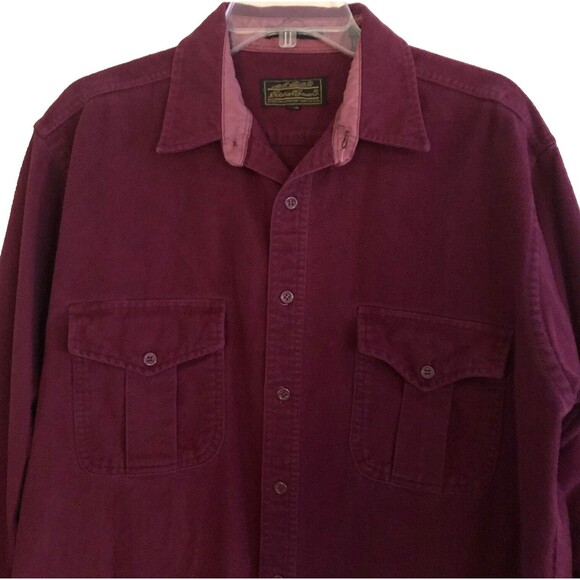 Eddie Bauer Chamois Shirt Mens L Burgundy Chest Pockets Cotton Flannel Button Up - Picture 2 of 14